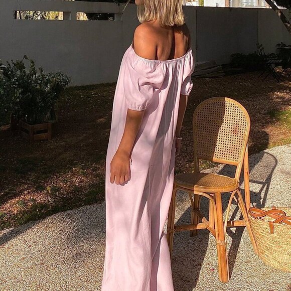 Pink Elegant Women's Summer Solid Color Off-Shoulder Short Sleeve Loose Dress - Picture 5 of 7